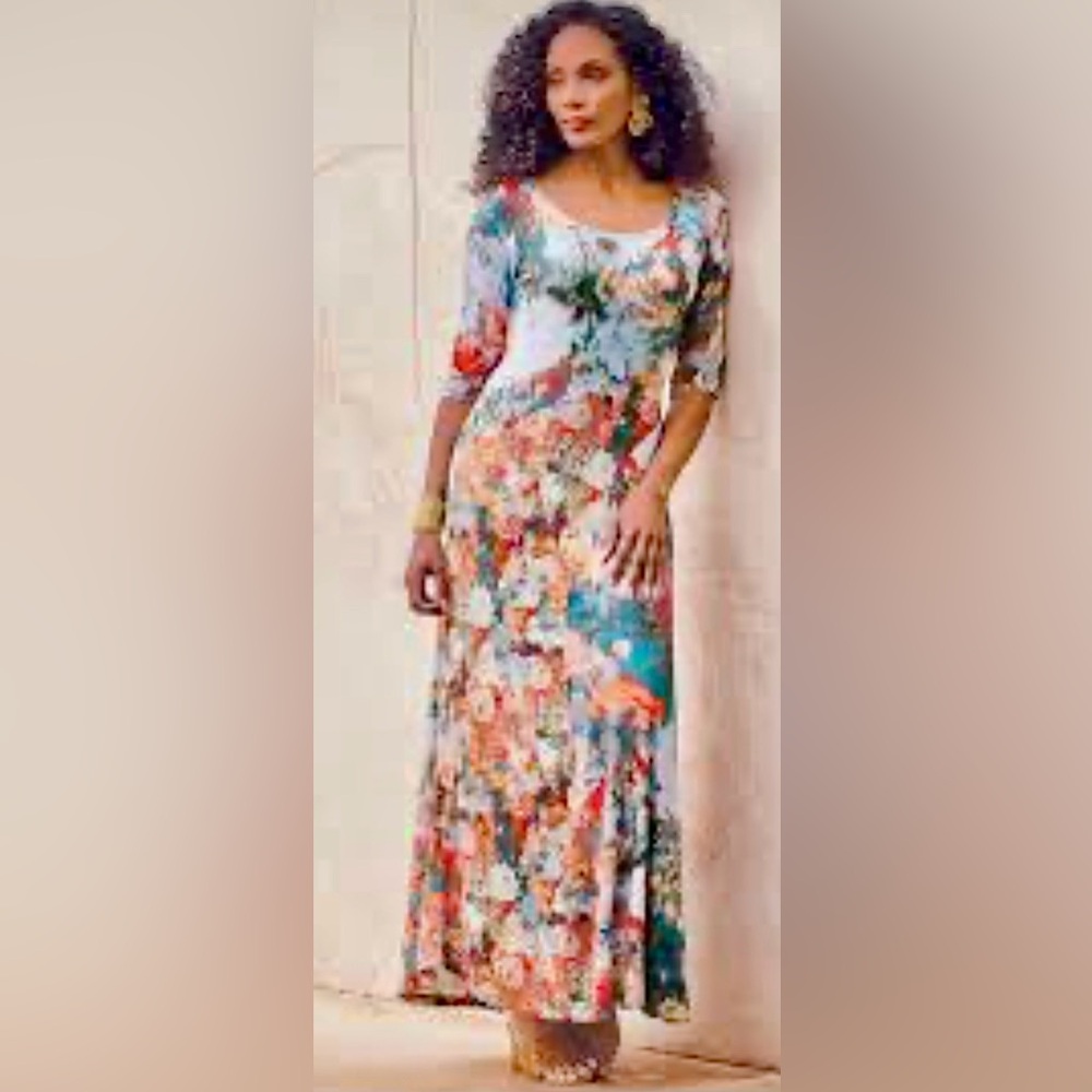 Soft Surroundings Floral Maxi Dress in Teal, Coral, White